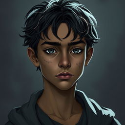 A young wizard, around 13 years old, with a serious expression