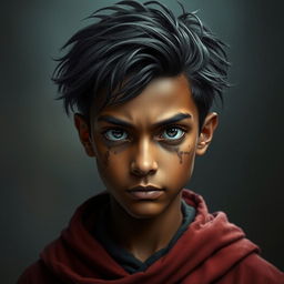 A young wizard, around 13 years old, with a serious expression