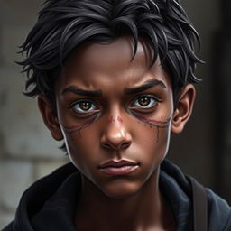 A young wizard, around 13 years old, with a serious expression