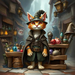 A whimsical fantasy cat dressed as a merchant, standing behind a wooden stall filled with various magical and mystical goods