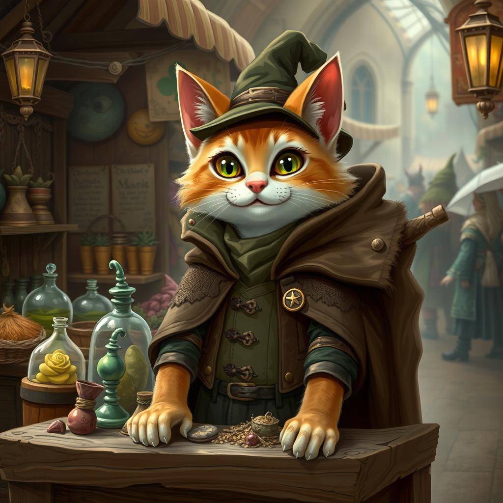 A whimsical fantasy cat dressed as a merchant, standing behind a wooden stall filled with various magical and mystical goods