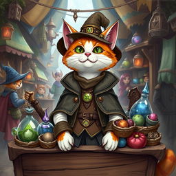 A whimsical fantasy cat dressed as a merchant, standing behind a wooden stall filled with various magical and mystical goods