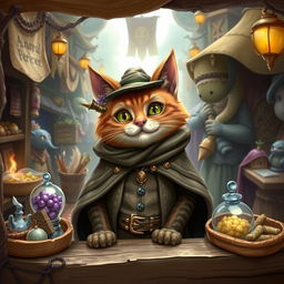 A whimsical fantasy cat dressed as a merchant, standing behind a wooden stall filled with various magical and mystical goods