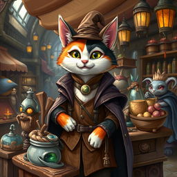 A whimsical fantasy calico cat dressed as a merchant, standing behind a wooden stall filled with various magical and mystical goods