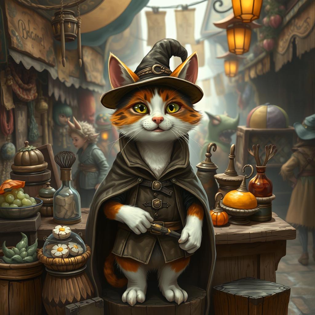 A whimsical fantasy calico cat dressed as a merchant, standing behind a wooden stall filled with various magical and mystical goods