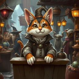 A whimsical fantasy calico cat dressed as a merchant, standing behind a wooden stall filled with various magical and mystical goods