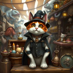 A whimsical fantasy calico cat dressed as a merchant, standing behind a wooden stall filled with various magical and mystical goods