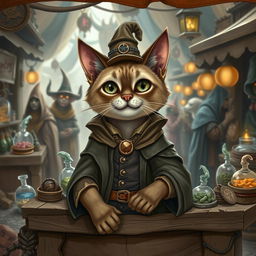 A whimsical fantasy Siamese cat dressed as a merchant, standing behind a wooden stall filled with various magical and mystical goods