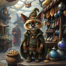 A whimsical fantasy Siamese cat dressed as a merchant, standing behind a wooden stall filled with various magical and mystical goods