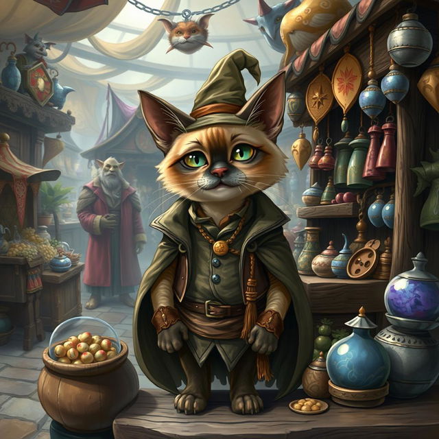 A whimsical fantasy Siamese cat dressed as a merchant, standing behind a wooden stall filled with various magical and mystical goods