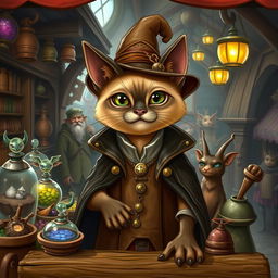 A whimsical fantasy Siamese cat dressed as a merchant, standing behind a wooden stall filled with various magical and mystical goods