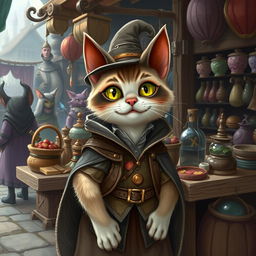 A whimsical fantasy Siamese cat dressed as a merchant, standing behind a wooden stall filled with various magical and mystical goods