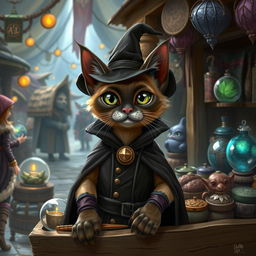 A whimsical fantasy Siamese cat dressed as a merchant, standing behind a wooden stall filled with various magical and mystical goods