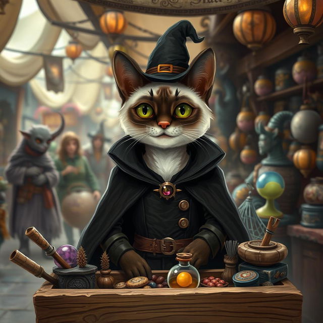 A whimsical fantasy Siamese cat dressed as a merchant, standing behind a wooden stall filled with various magical and mystical goods