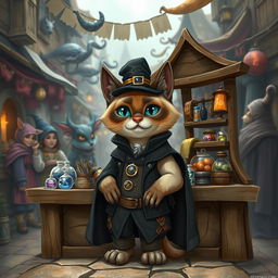 A whimsical fantasy Siamese cat dressed as a merchant, standing behind a wooden stall filled with various magical and mystical goods