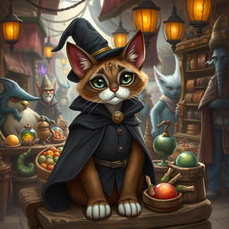 A whimsical fantasy Siamese cat dressed as a merchant, standing behind a wooden stall filled with various magical and mystical goods