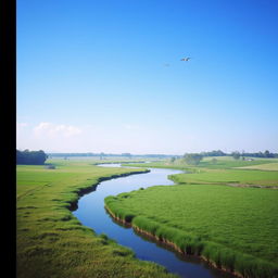 A serene landscape featuring a clear blue sky, lush green fields, and a calm river flowing through the scene