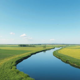 A serene landscape featuring a clear blue sky, lush green fields, and a calm river flowing through the scene