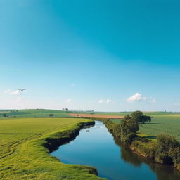 A serene landscape featuring a clear blue sky, lush green fields, and a calm river flowing through the scene