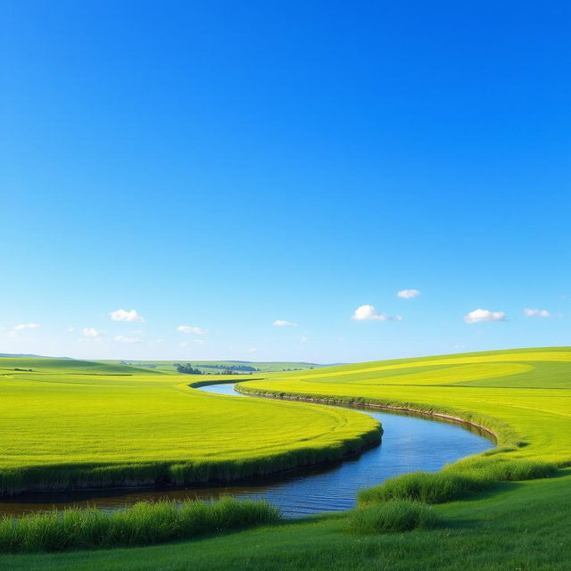 A serene landscape featuring a clear blue sky, lush green fields, and a calm river flowing through the scene