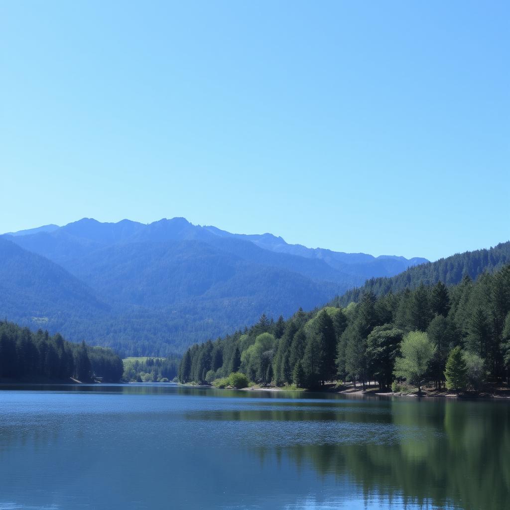 A serene landscape featuring a calm lake surrounded by lush trees and mountains in the background under a clear blue sky.