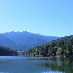 A serene landscape featuring a calm lake surrounded by lush trees and mountains in the background under a clear blue sky.