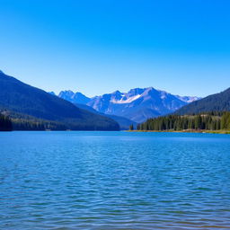 A serene landscape featuring a calm lake surrounded by lush trees and mountains in the background under a clear blue sky.