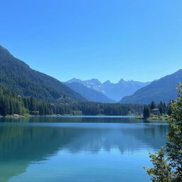 A serene landscape featuring a calm lake surrounded by lush trees and mountains in the background under a clear blue sky.