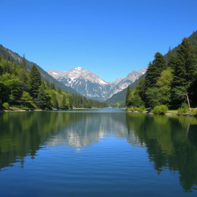 A serene landscape featuring a calm lake surrounded by lush trees and mountains in the background under a clear blue sky.