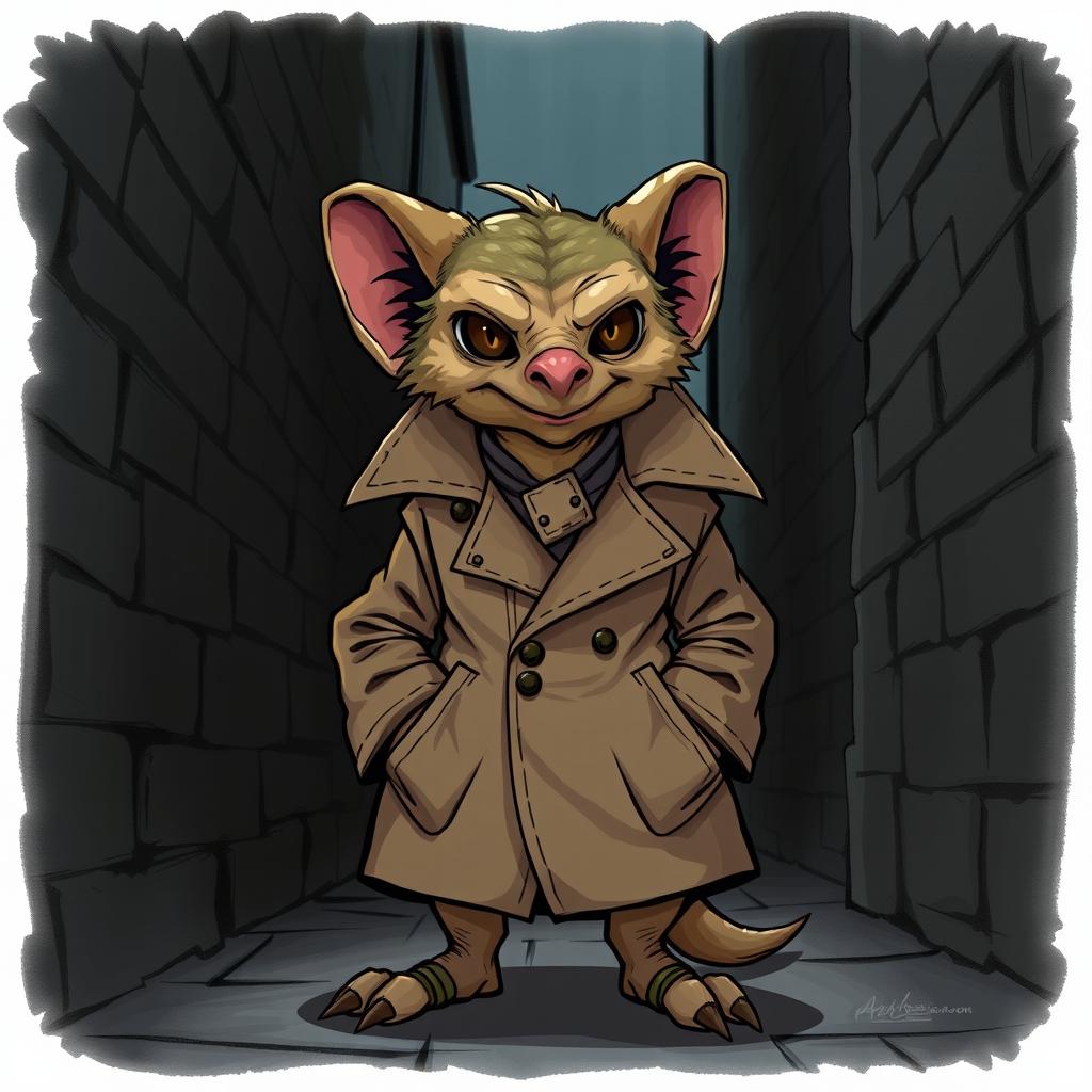 A detailed illustration of a kobold wearing a trench coat