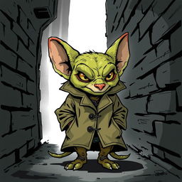 A detailed illustration of a kobold wearing a trench coat