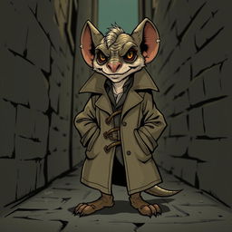 A detailed illustration of a kobold wearing a trench coat