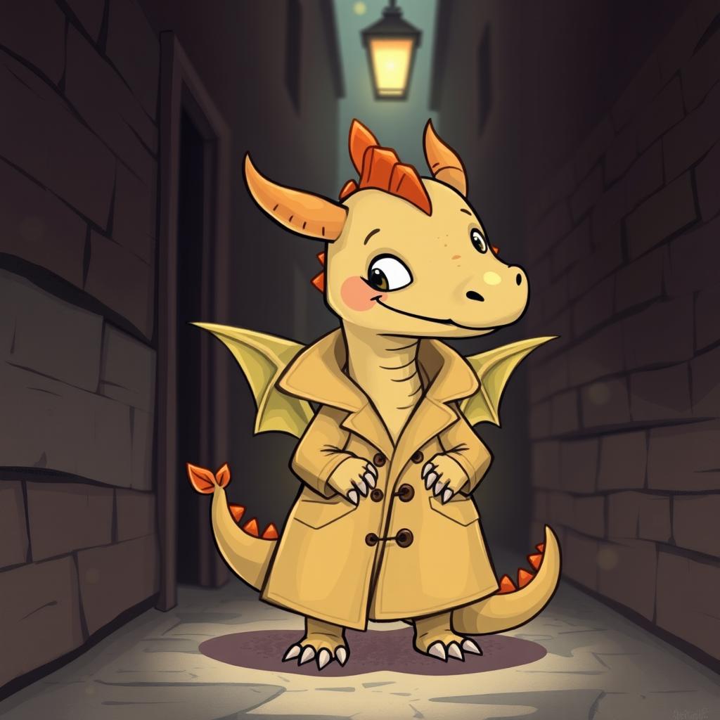 A whimsical illustration of a small dragon wearing a trench coat