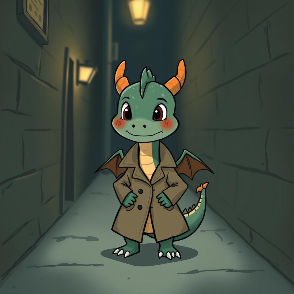 A whimsical illustration of a small dragon wearing a trench coat