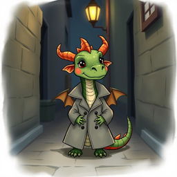 A whimsical illustration of a small dragon wearing a trench coat