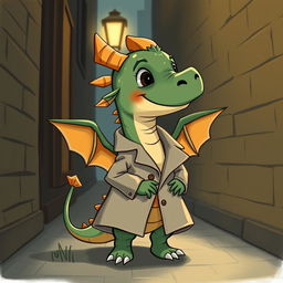 A whimsical illustration of a small dragon wearing a trench coat