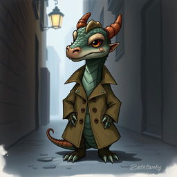 A realistic illustration of a small dragon wearing a trench coat