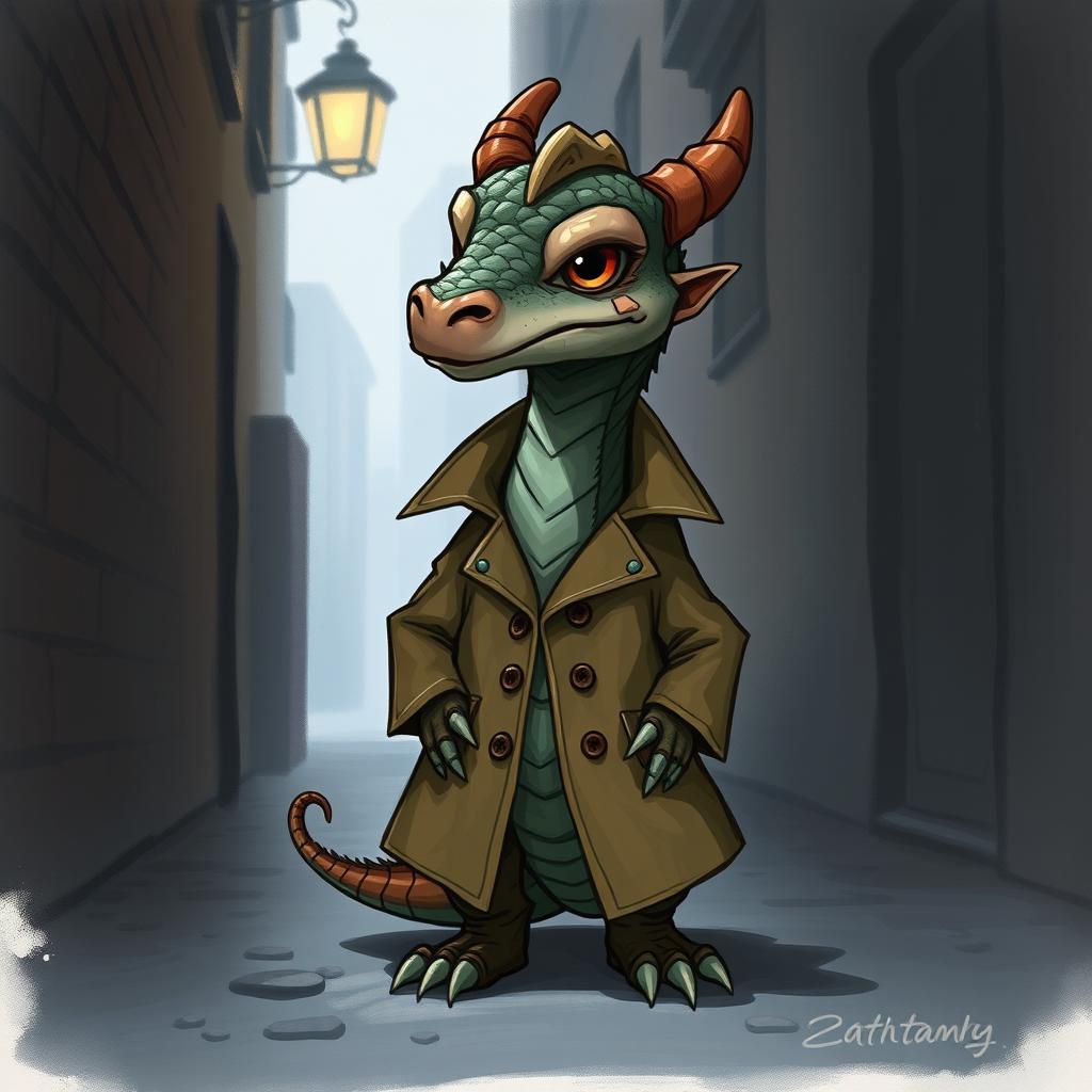 A realistic illustration of a small dragon wearing a trench coat