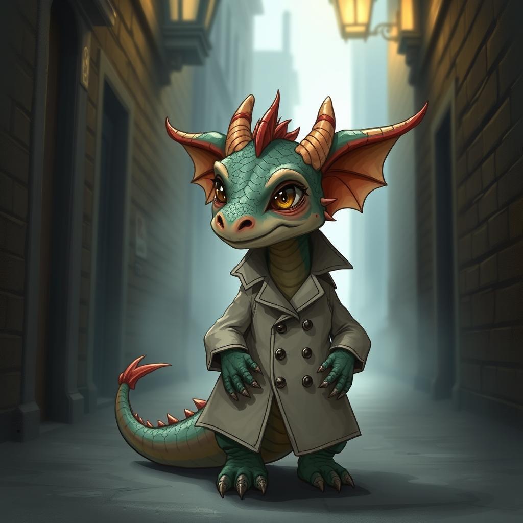 A realistic illustration of a small dragon wearing a trench coat