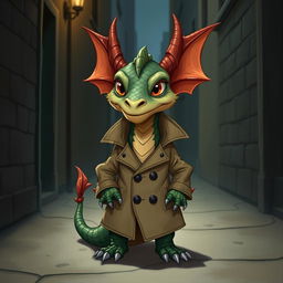 A realistic illustration of a small dragon wearing a trench coat