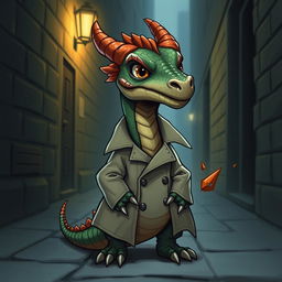 A realistic illustration of a small dragon wearing a trench coat