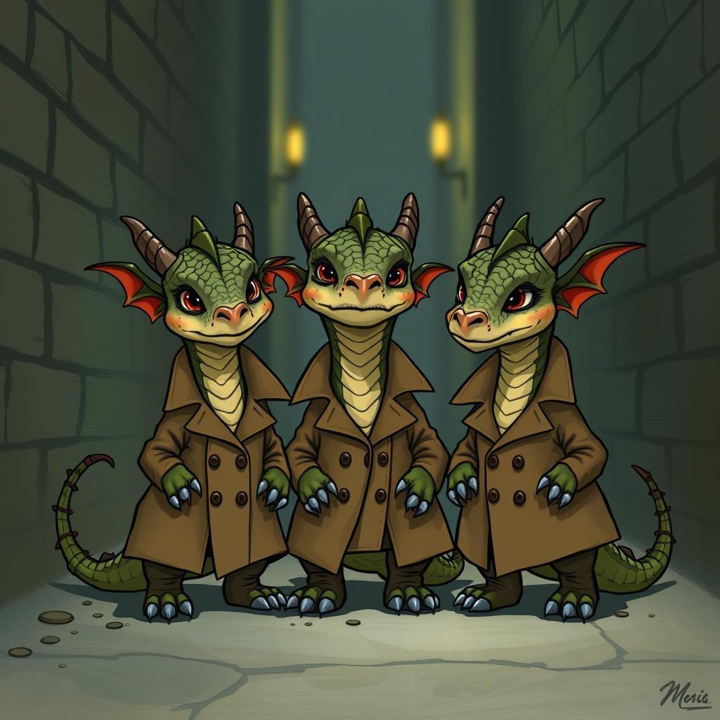 A realistic illustration of three small dragons wearing trench coats