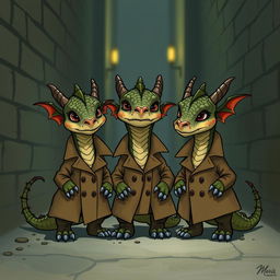 A realistic illustration of three small dragons wearing trench coats