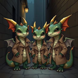 A realistic illustration of three small dragons wearing trench coats