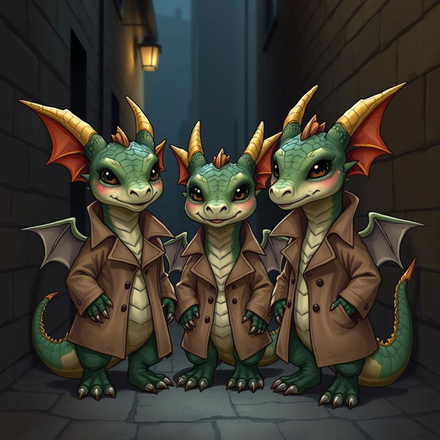 A realistic illustration of three small dragons wearing trench coats