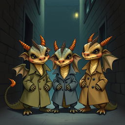 A realistic illustration of three small dragons wearing trench coats