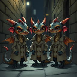 A realistic illustration of three small dragons wearing trench coats