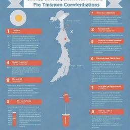 An informative infographic highlighting key preparation steps before a typhoon and important actions to take after a typhoon. Include safety advice, resources, and visuals representing the severe weather conditions.