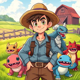 A detailed illustration of a monster trainer wearing a farmer's hat