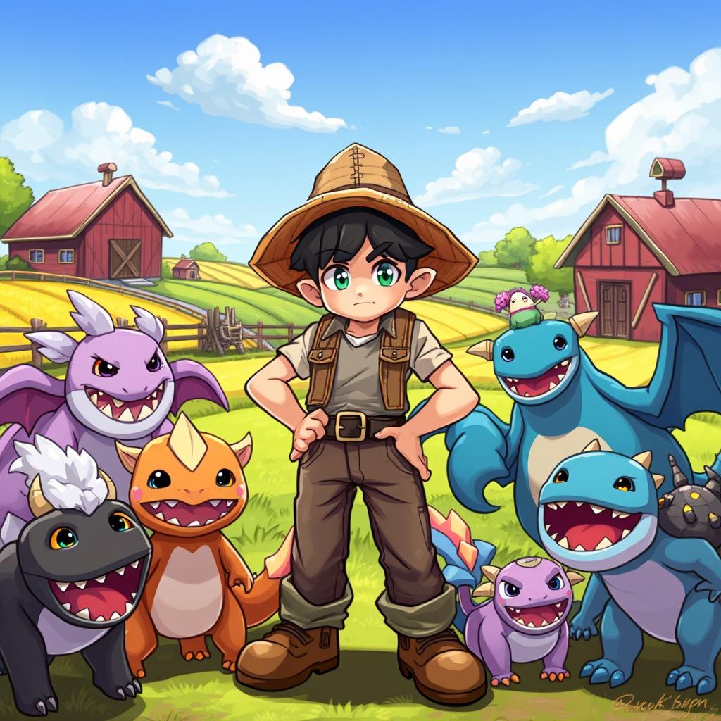 A detailed illustration of a monster trainer wearing a farmer's hat